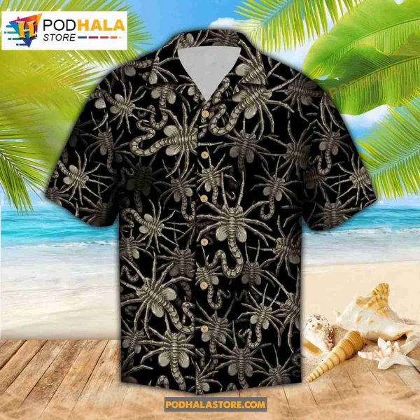 Alien Face Hugger Surfing Button Up Funny Hawaiian Shirt