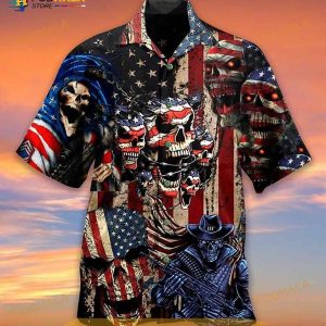 American Flag Skeleton Print Hawaiian Shirt