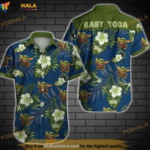 Baby Yoda Green Mandalorian Tropical Flowers Hawaiian Shirt