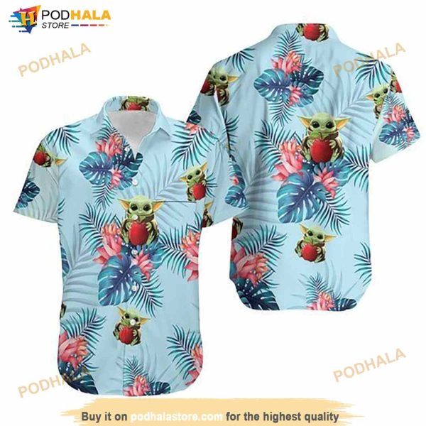 Baby Yoda Hugging Apples Seamless Tropical Colorful Flowers Blue Leaves On Blue Hawaiian Shirt