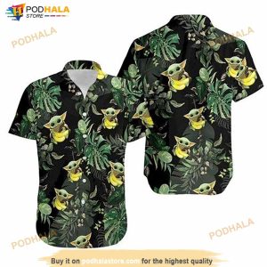 Baby Yoda Hugging Bananas Tropical Leaves Hawaiian Shirt