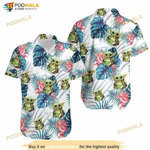 Baby Yoda Hugging Coconuts Seamless Tropical Blue Leaves Colorful Flowers On White Hawaiian Shirt