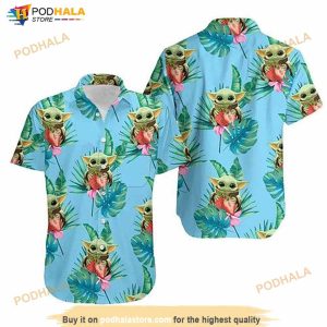 Baby Yoda Hugging Strawberries Tropical Leaves Hawaiian Shirt