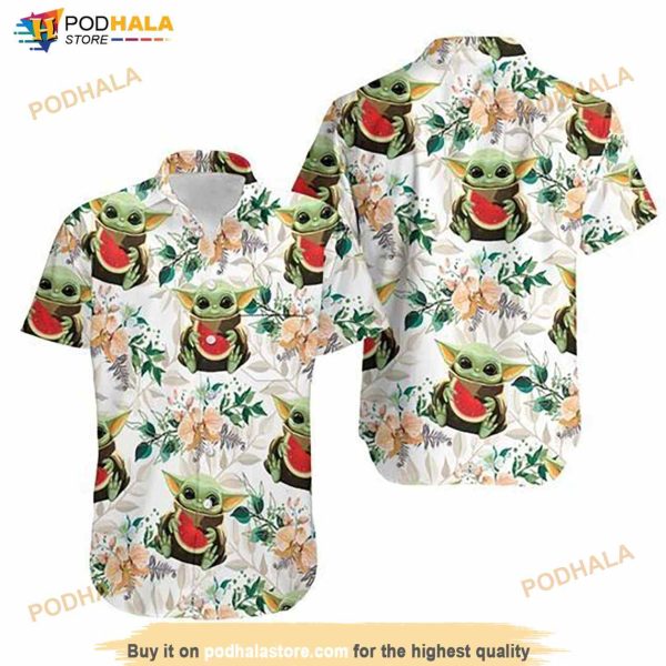 Baby Yoda Hugging Watermelons Seamless Tropical Colorful Flowers On White Hawaiian Shirt