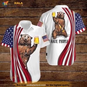 Bear And Beer American Flag 4th Of July Independence Day I Hate People Hawaiian Shirt