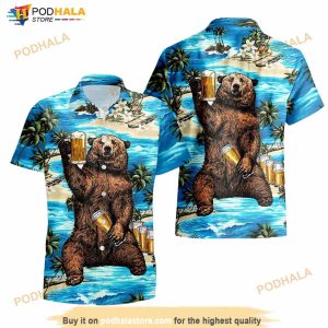 Bear Drinking Beer Funny Party Hawaiian Shirt