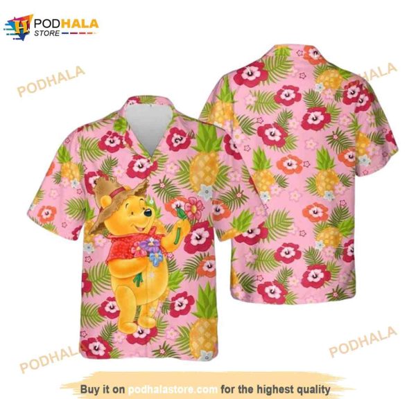 Bear The Pooh Flower Colorful Pineapple On The Pink Funny Hawaiian Shirt