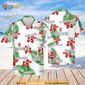 Beck’s Beer Hibiscus Flower And Tropical Palm Leaves Funny Hawaiian Shirt