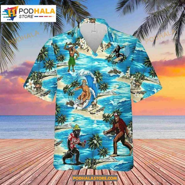 Bigfoot Surfing Summer Vintage Beach Carrying Hotdog Button Down Hawaiian Shirt