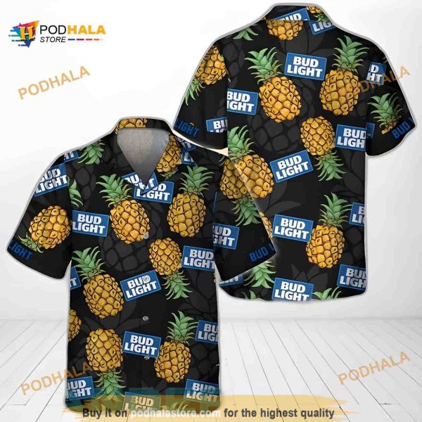 Black Aloha Pineapple Bud Light Funny Hawaiian Shirt Beach Lovers Gift