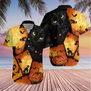 Black Cat And Pumpkin Halloween Costume Hawaiian 3D Shirt Style Gift For Men S-5XL