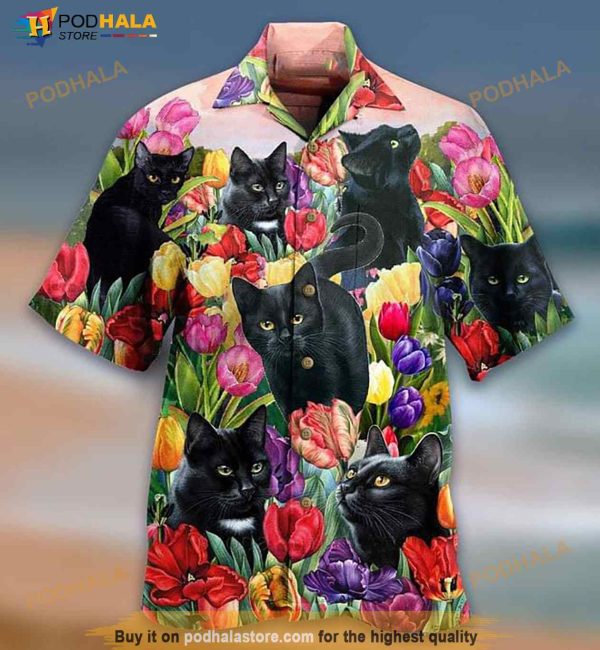 Black Cat Tropical Flowers Print Hawaiian Shirt