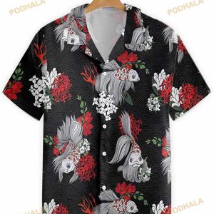 Black Koi Fish And Flowers Hawaiian Shirt