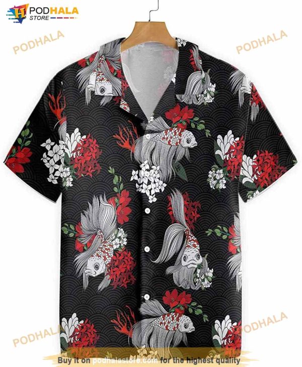 Black Koi Fish And Flowers Hawaiian Shirt