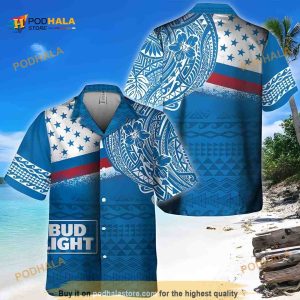 Blue Bud Light Funny Hawaiian Shirt Polynesian Pattern Beach Lovers Gift