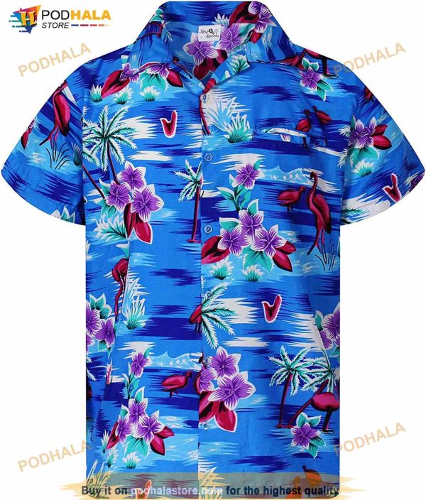 Blue Pink Flamingos Flowers Aloha Hawaiian Shirt