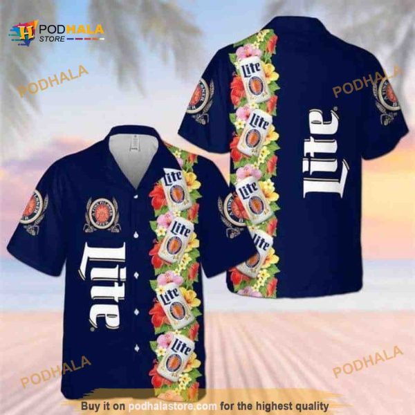 Blue Tropical Flowers Miller Lite Funny Hawaiian Shirt