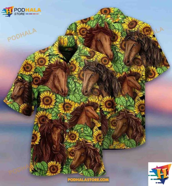 Brown Horse And Sunflower Field Aloha Hawaiian Shirt For Men