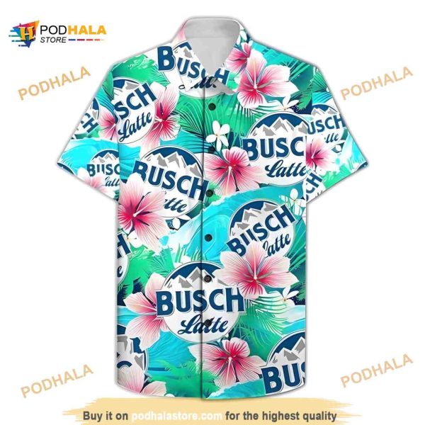 Busch Latte Tropical Palm Leaf Hibiscus Hawaiian Shirt