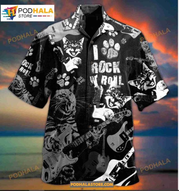 Cat Rock D Roll Cool Music Lover Short-sleeve Rock Music Button Up Hawaiian Shirt