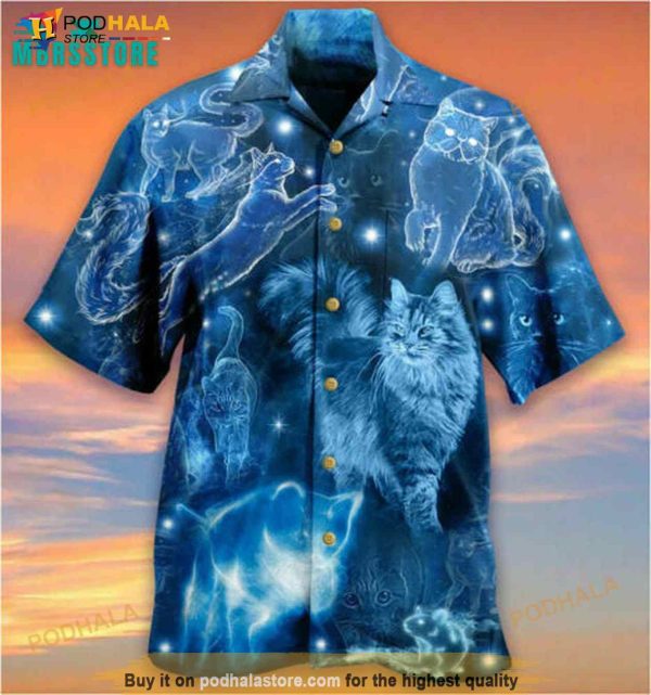 Cats Love Blue Neon Vintage Beach Button Down Hawaiian Shirt