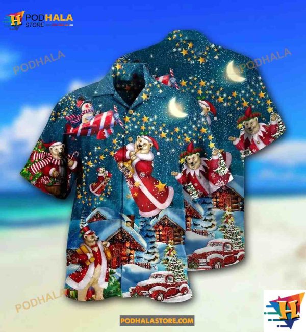 Christmas Bear Santa In The Night Hawaiian Shirt