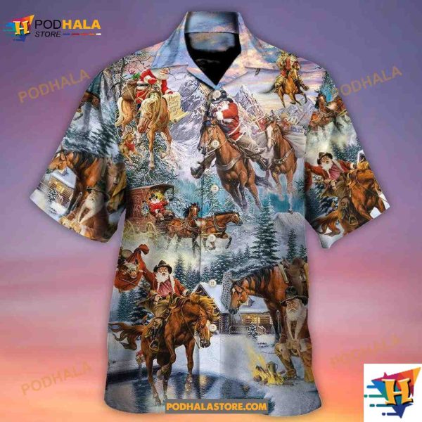 Christmas Santa Claus Riding Horse Snow Mountain Hawaiian Shirt