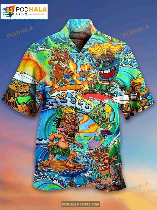 Classic Aloha Tiki Suring Into The Sunset Beach Button Downs Vintage Summer Hawaiian Shirt