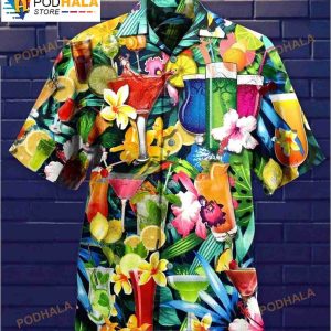 Cocktail Flowers Vintage Beach Short Sleeve Hawaiian Shirt