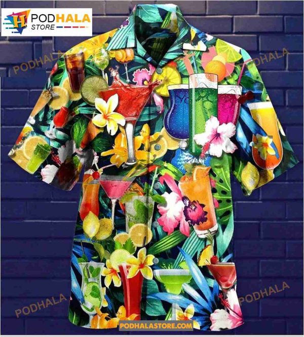 Cocktail Flowers Vintage Beach Short Sleeve Hawaiian Shirt