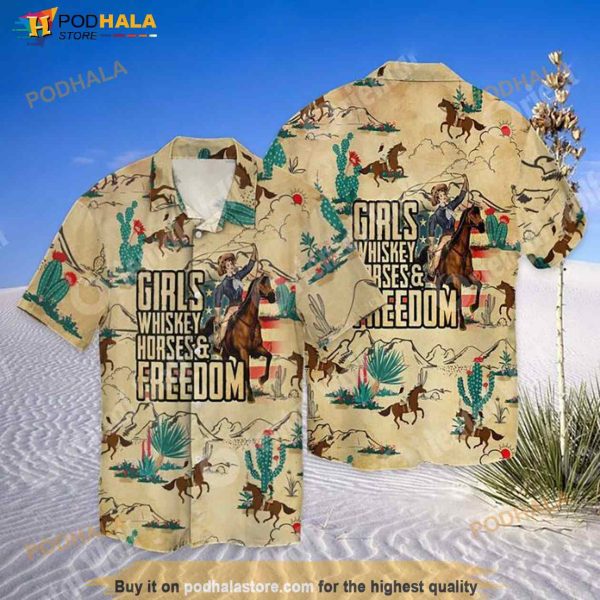 Cowgirl Girl Whiskey Horses And Freedom Hawaiian Shirt