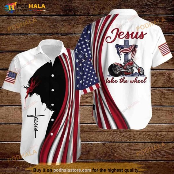 Cross Jesus Bible Americal Flag Biker Jesus Take The Wheel Hawaiian Shirt