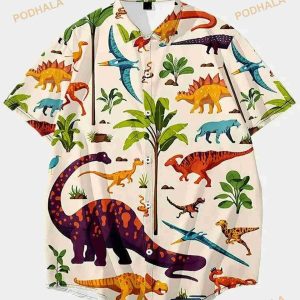 Dinosaurs Cartoon Beach Summer Beach Vintage Button Down Hawaiian Shirt