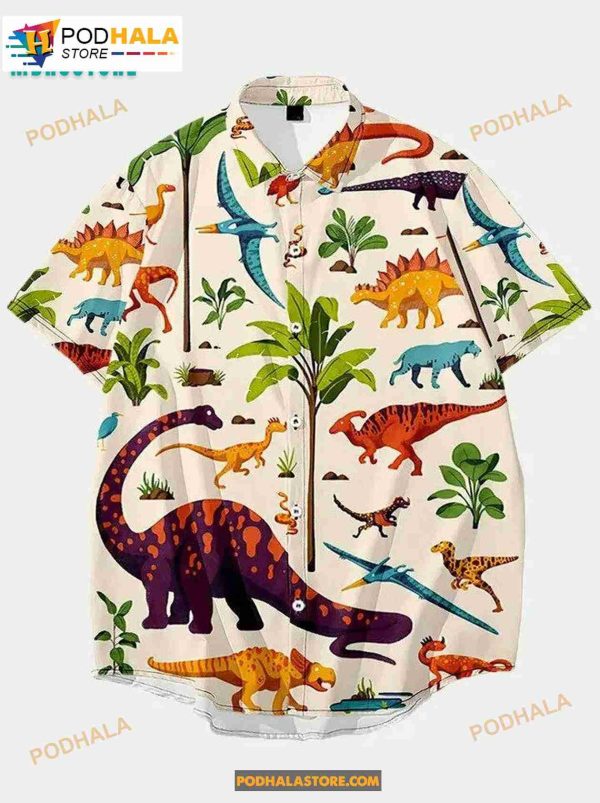 Dinosaurs Cartoon Beach Summer Beach Vintage Button Down Hawaiian Shirt