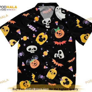 Disney Halloween Pattern Mickey Mouse Boo Ghost Skeleton Pumpkin Hawaiian