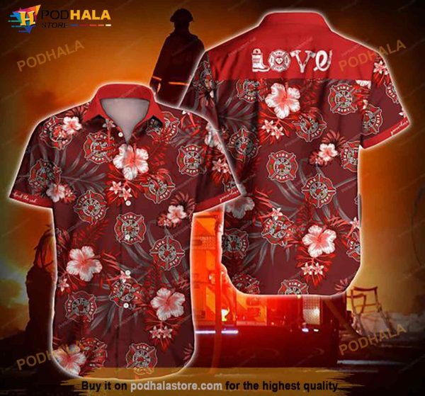 Firefighter Redd Love Red Hawaiian Shirt