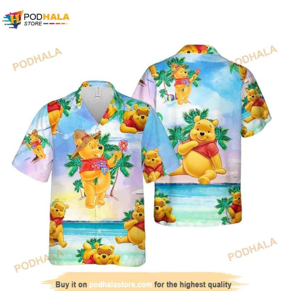 Funny Hawaiian Shirt For Men Pool Bear Surfing Red Flower