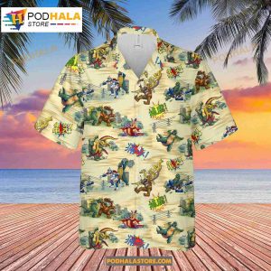 Godzilla King Of Monster Vintage Beach Button Down Tropical Hibiscus Hawaiian Shirt