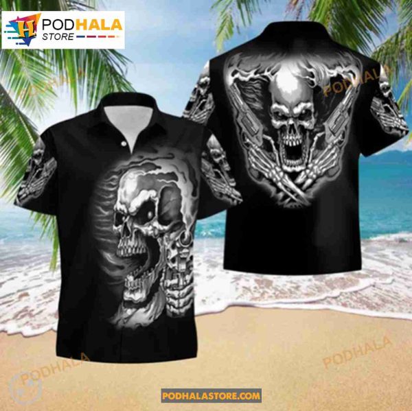 Guns For Skull Lover Halloween Party Summer Vacation Skull Button Down Hawaiian Shirt