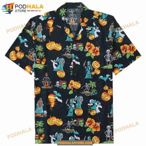 Halloween With Pumpkin Skeleton Skull Spooky Fun Party Aloha Quirky Funky Hawaiian Shirt