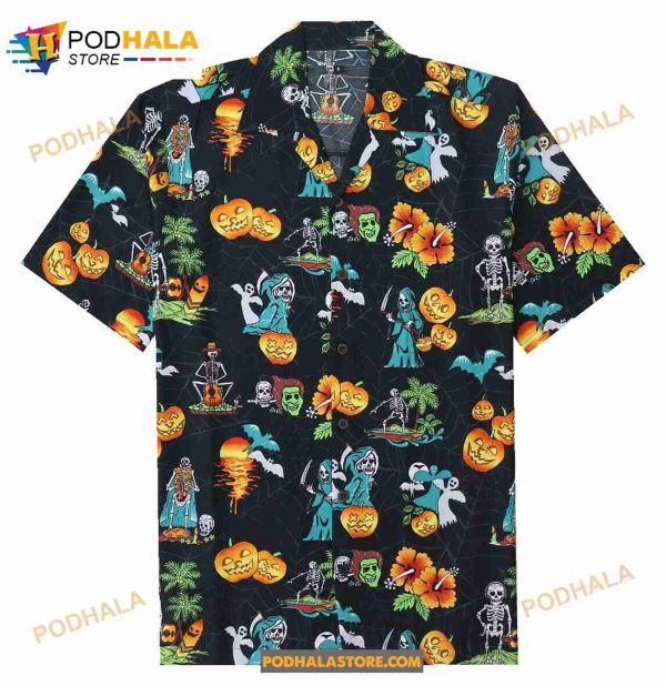 Halloween With Pumpkin Skeleton Skull Spooky Fun Party Aloha Quirky Funky Hawaiian Shirt