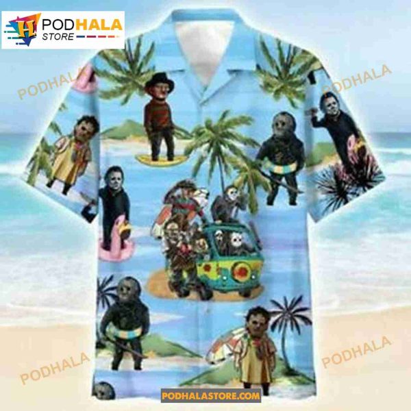 Horror Movie Characters On The Beach Aloha Tropical Button Summer Hawaiian Shirt