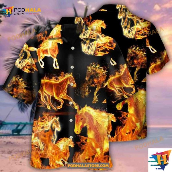 Horse Fire Forse Black Style Hawaiian Shirt