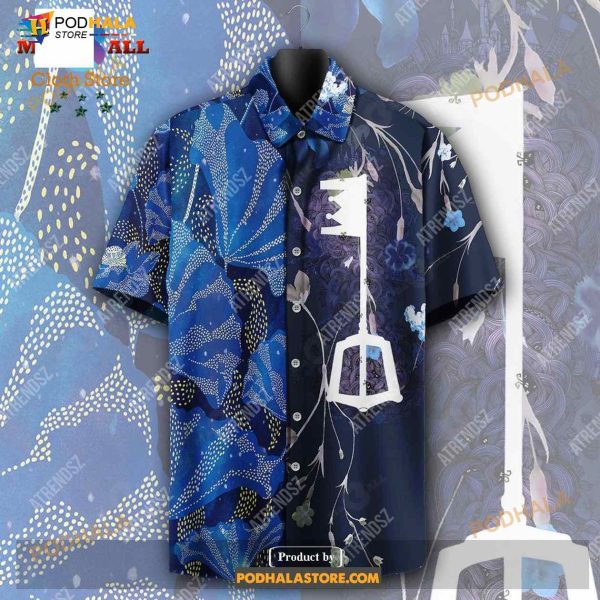 Kingdom Hearts Funny Hawaiian Shirt Keyblade Floral Topical Blue Hawaii Aloh