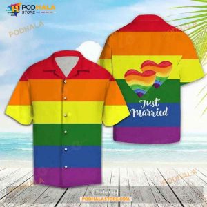 LGBT Rainbow Color Just Married Aloha Funny Hawaiian Shirt