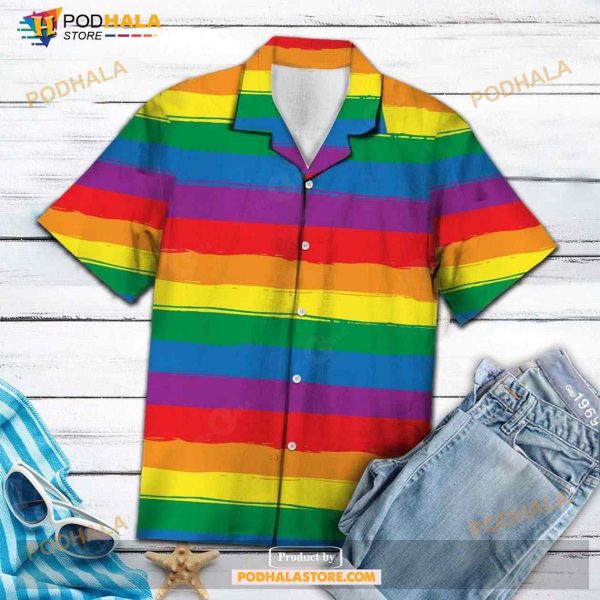 LGBT Rainbow Multicolor Striped Aloha Funny Hawaiian Shirt