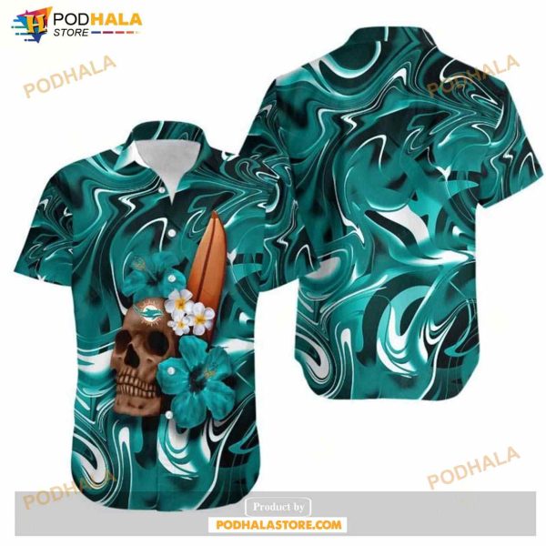 Miami Dolphins Skull And Hibiscus Flower NFL Gift For Fan Hawaii Shirt