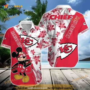 NFL Kansas City Chiefs Hawaiian Shirt Disney Mickey Mouse Tropical Flower Pattern