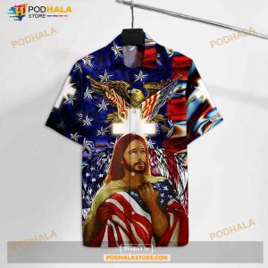 Patriot 4th Of July God Cross American Flag Eagle Funny Hawaiian Shirt