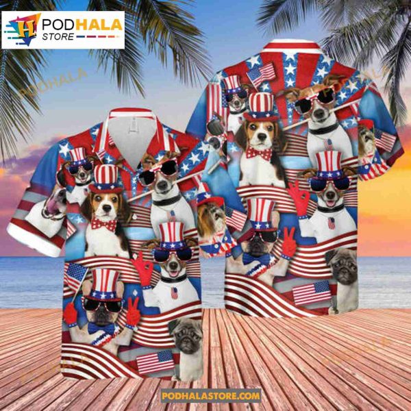 Patriotic Dogs Vintage America Flag Dog Dad Mom Independence Day Hawaiian Shirt